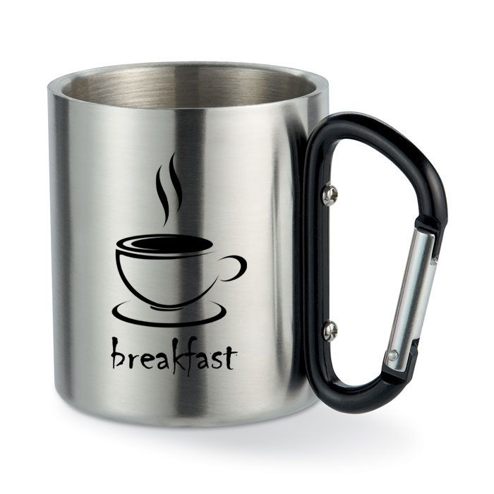 GiftRetail MO8313 - Stainless steel mug with carabiner handle.