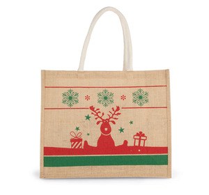 Kimood KI0736 - Shopping bag with Christmas patterns Natural / Cherry Red